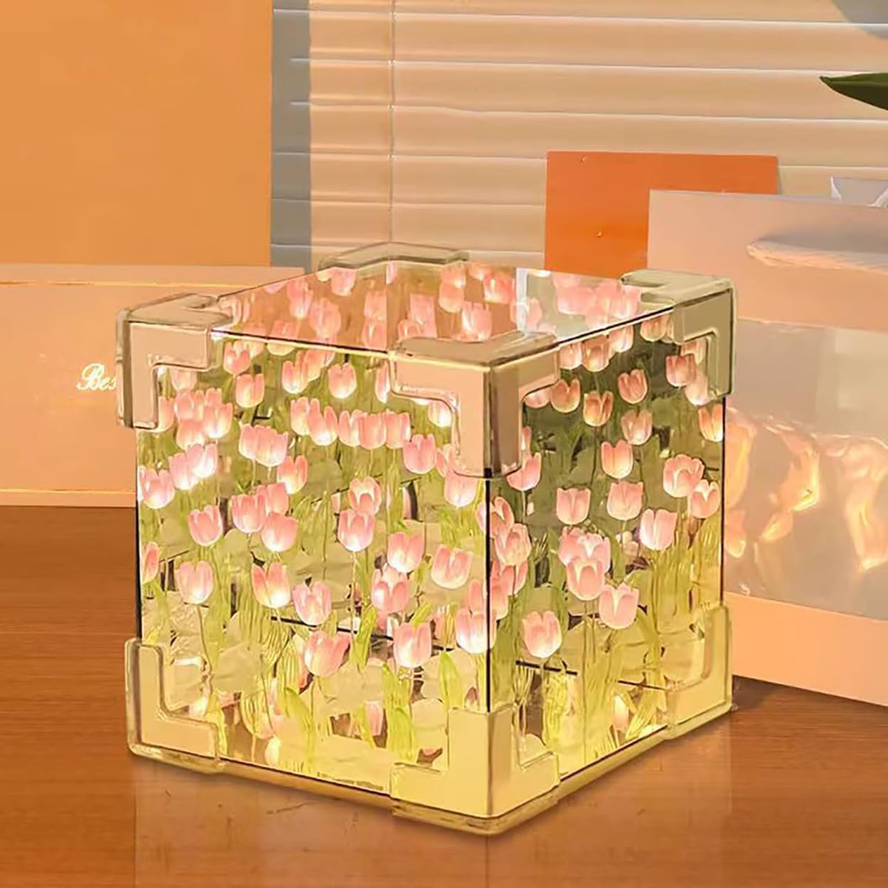 CPENSUS Acrylic Diy – Do It Yourself – Tulip Cube Mirror Lamp, 30 Flowers Led Decorative Lamp, 2 In 1 Mirror & Table Ornaments For Bedroom Livingroom Desktop Decor Birthday Gift multicolor