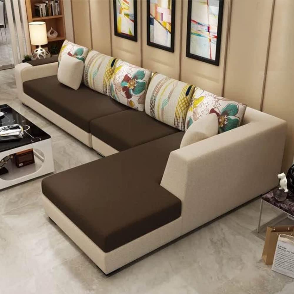 Casaliving Arlo – 5 Seater L Shape Sofa Set for Living Room (Brown Cream Fabric) RHS