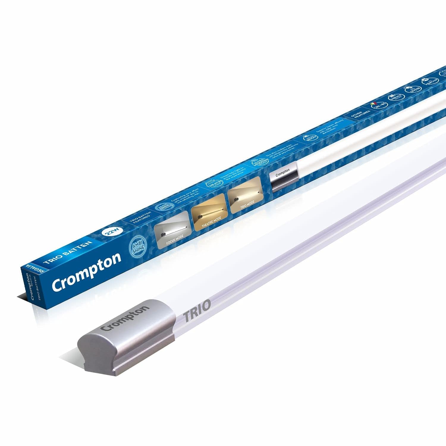 Crompton Trio 22W B22 LED Batten | Aesthetic Design with Ambience Light for Living Room & Bedroom | Indirect Lighting with Focus Mode, Theatre Mode & Trio Mode|4 Feet|Pack of 1