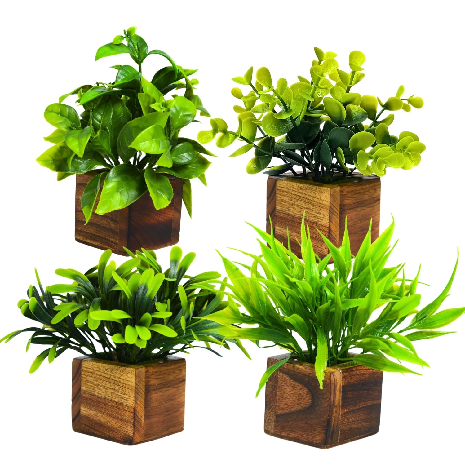 DecoreBugs Plastic Potted Artificial Plant In Wooden Pot (4 Pack) Eucalyptus Plants Small Plants For Home Decor|Office Decor|Db-8149