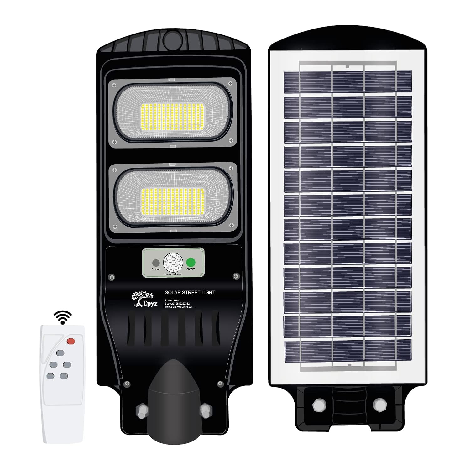 Epyz Plastic 60 Watt Solar Street Lights with Remote, 256 LEDs, Motion Sensor and Dusk to Dawn for Garden, Street, Lawn [ with Out Pole ] [ Pack of 1, Cold White Light ]