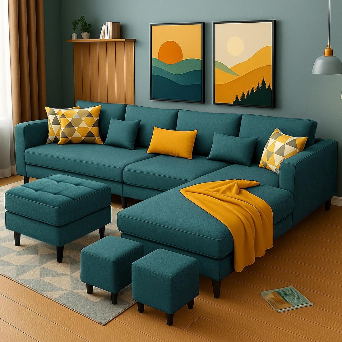 FURNY Mintona 8 Seater Fabric RHS L Shape Sofa Set with 1 Centre Table & 2 Puffy (Teal)