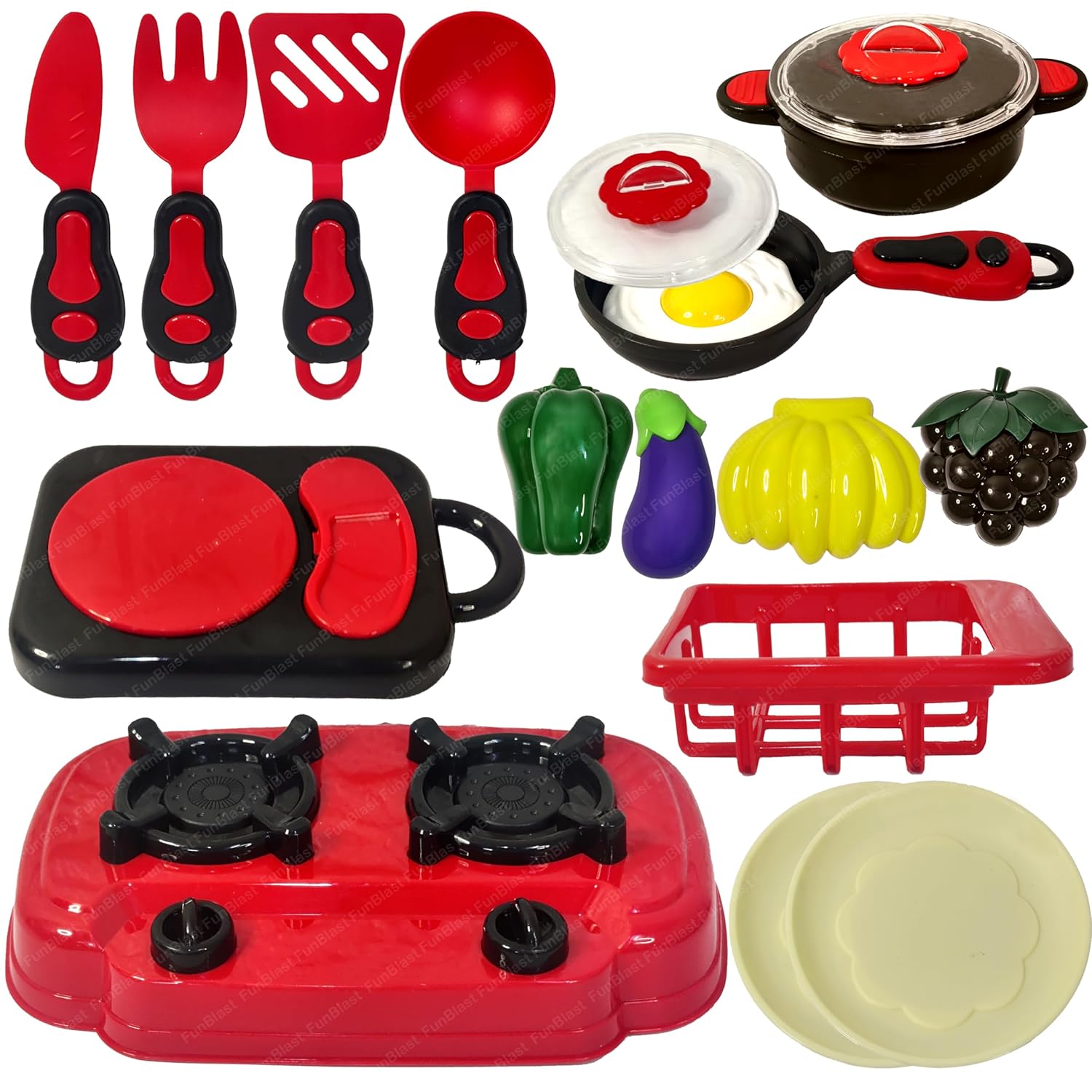 FunBlast Kitchen Play Set for Kids – 19 Pcs Cooking Toys With Utensils, Pretend Food, Vegetables, Fruits – Role Play for Girls