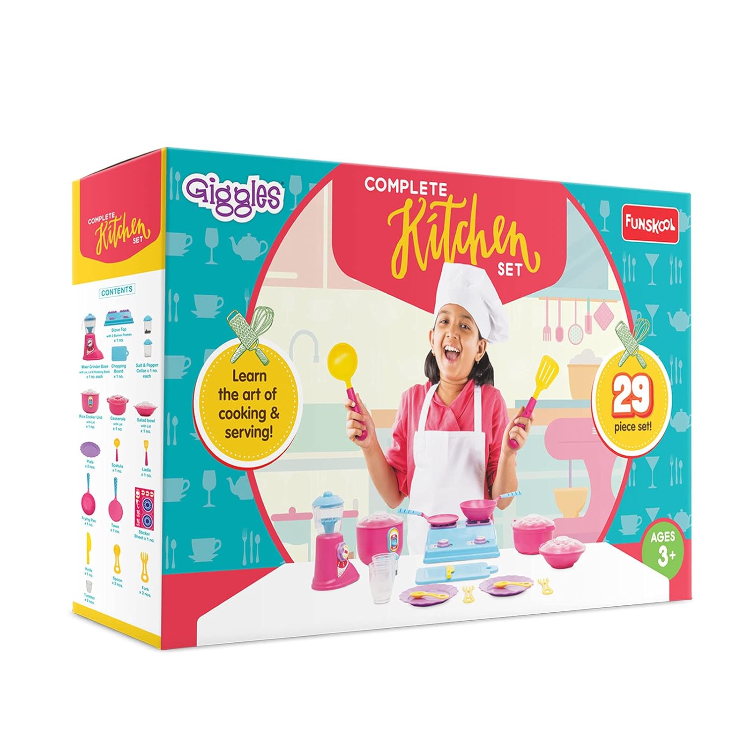 Giggles Funskool Complete Kithcen Playset, Realistic Pretend Cooking Toy for Kids, Encourages Learning & Development, Fun Activity for Babies, Gift Set for Girls, Age 3+ Years