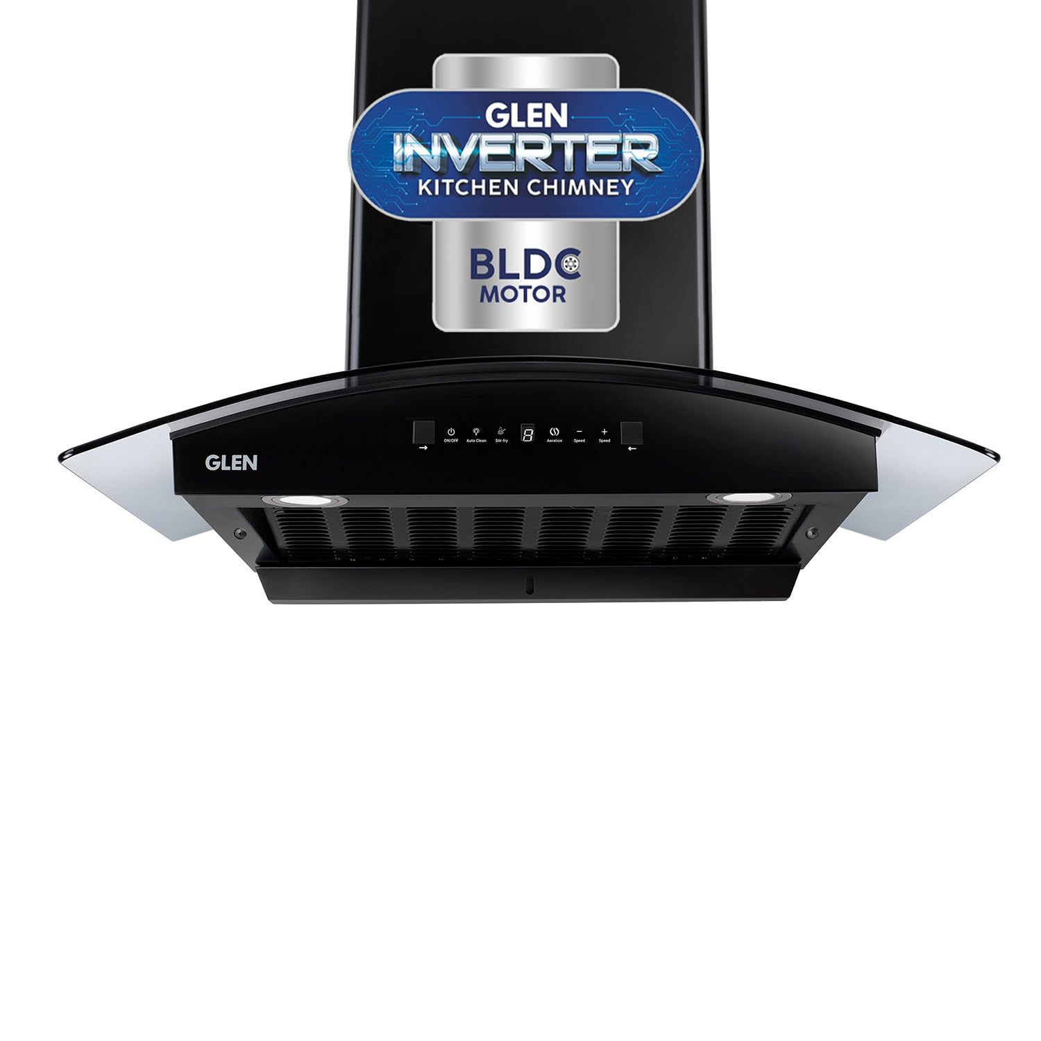 Glen 76 cm 1600 m³/hr BLDC Filterless Thermal Autoclean Kitchen Chimney, Curved Glass |(Hood FABIA 76, Heat Sensor| Aeration technology|Touch & Gesture Control,Black)