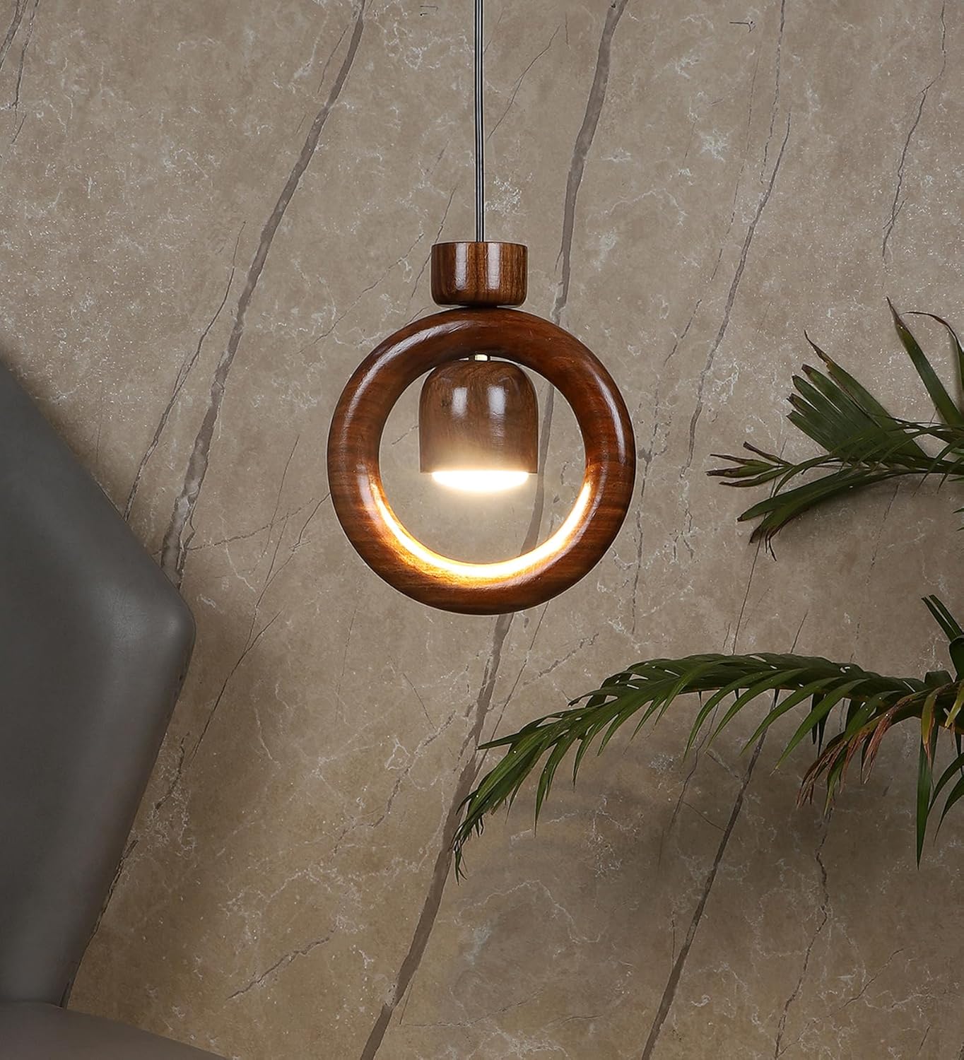 Green House Handmade Sheesham Wood Hanging Pendant Ceiling Jhumar | Diwali Decor Chandelier | 9W Warm White LED | Unique Ring Design | Living Room, Bedroom, Dining, Hall, Office | Aesthetic Luxury