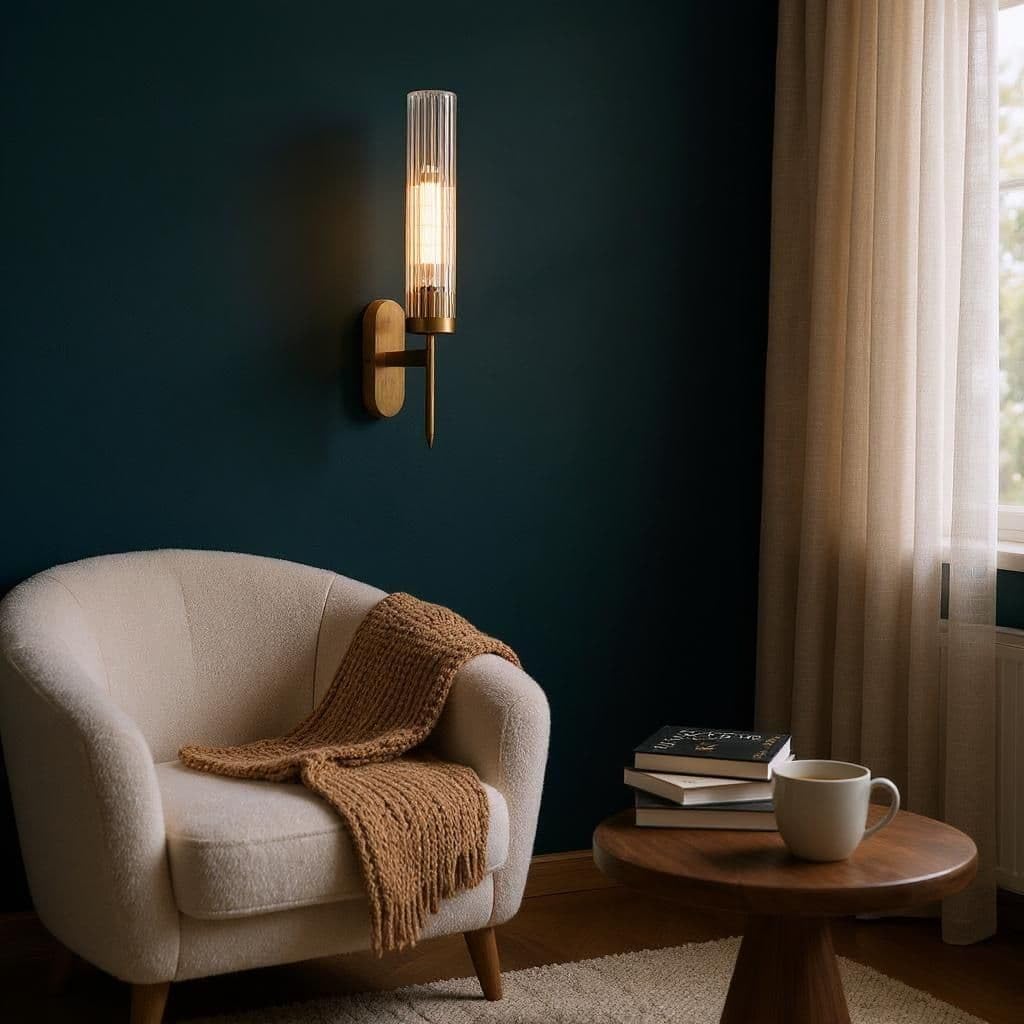 HL HOMELIGHTING Golden Mini Torchiere Wall Sconce with Fluted Cylindrical Glass for Decorative Living Rooms Wall Ceiling Lamp (1)