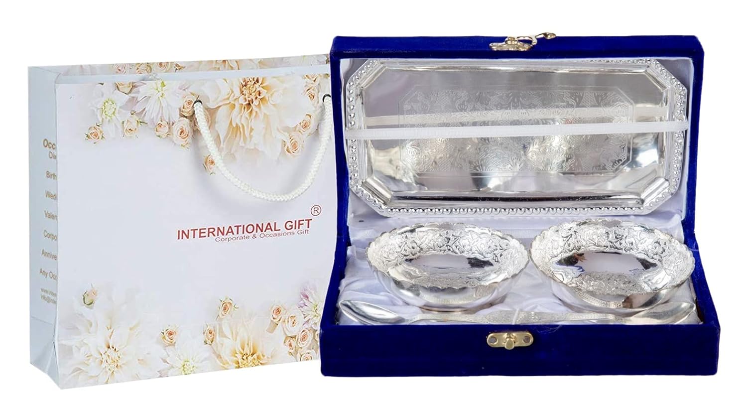 INTERNATIONAL GIFT German Silver Brass Round Bowl Set with Tray and Spoon with Royal Royal Luxury Velvet Box Used for Dry Fruit, Sweets and Home Decor