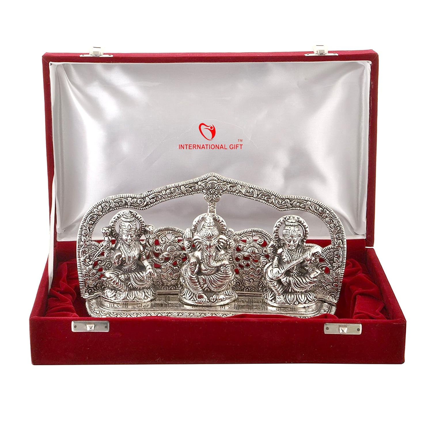 INTERNATIONAL GIFT Silver Plated Laxmi Ganesh Saraswati God Idol Statue Oxidized Finish with Beautiful Velvet Box Packing and with Carry Bag (29cm x 18cm x 7cm), Religious