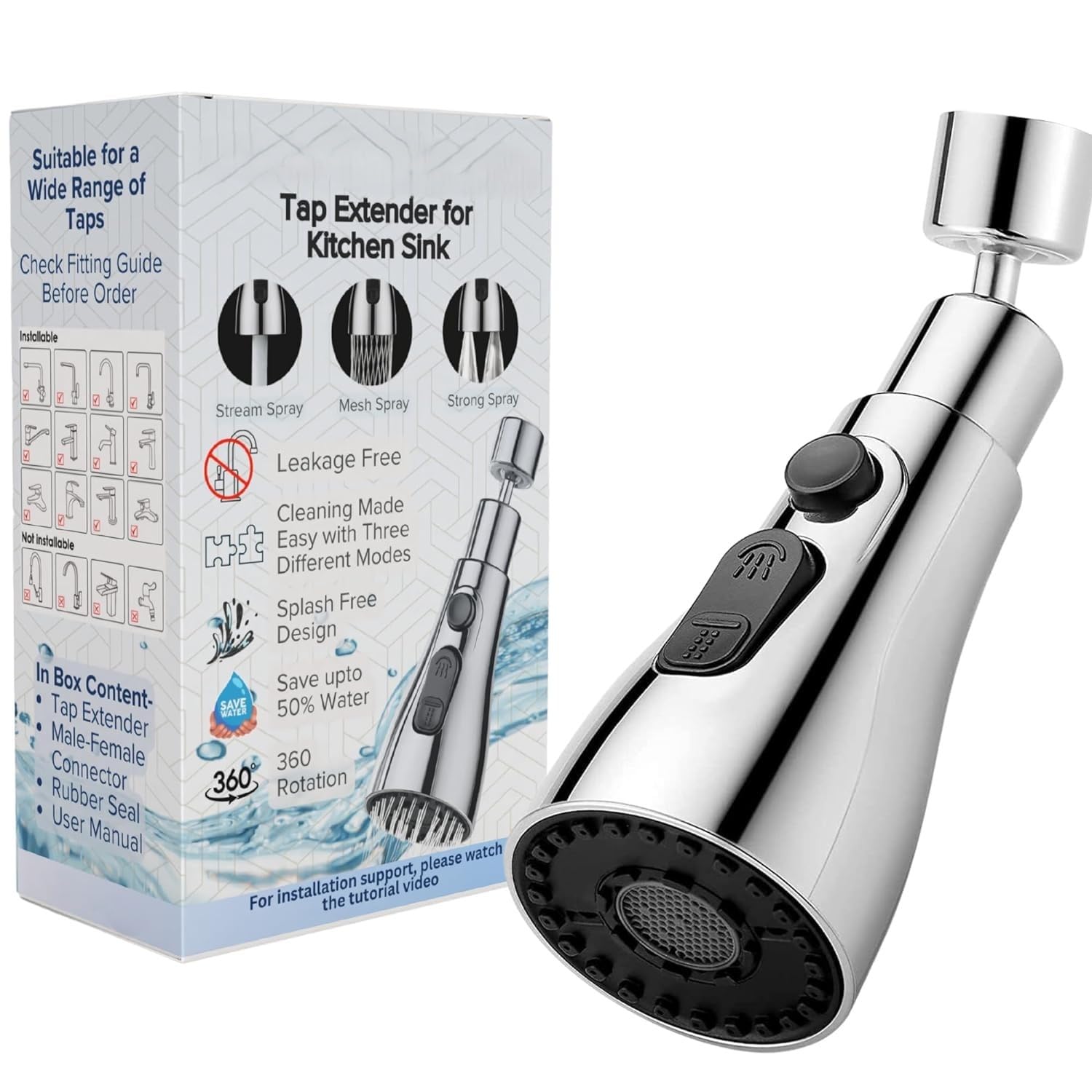 Kitchen Sink Faucet Extender, Flexible Tap Extension, Easy Access Sprayer, Handheld Steam Cleaner, Pressurized (Black Silver)