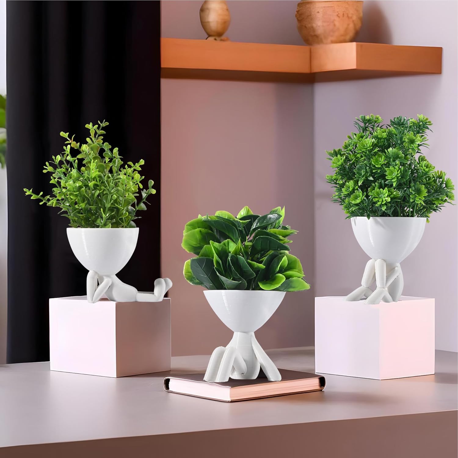 Kuber Industries 3 Pcs Set Plastic Mini Artificial Plants with Pot | Table Top & TV Unit Decorative Items for Living Room | Faux Plants for Home Decor & Office Desk | Man Shape – White