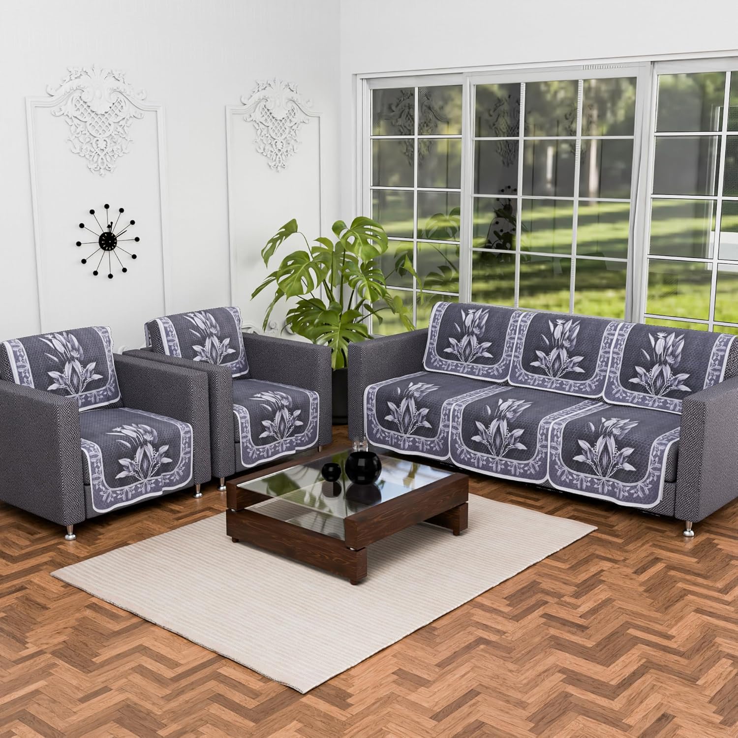 Kuber Industries Set of 10 Net Anti-Skid Sofa Cover 5-Seater | Comfortable Slipcover Sofa Cloth & Furniture Protector for Home Decor | Leaf – Dark Grey & Lilac