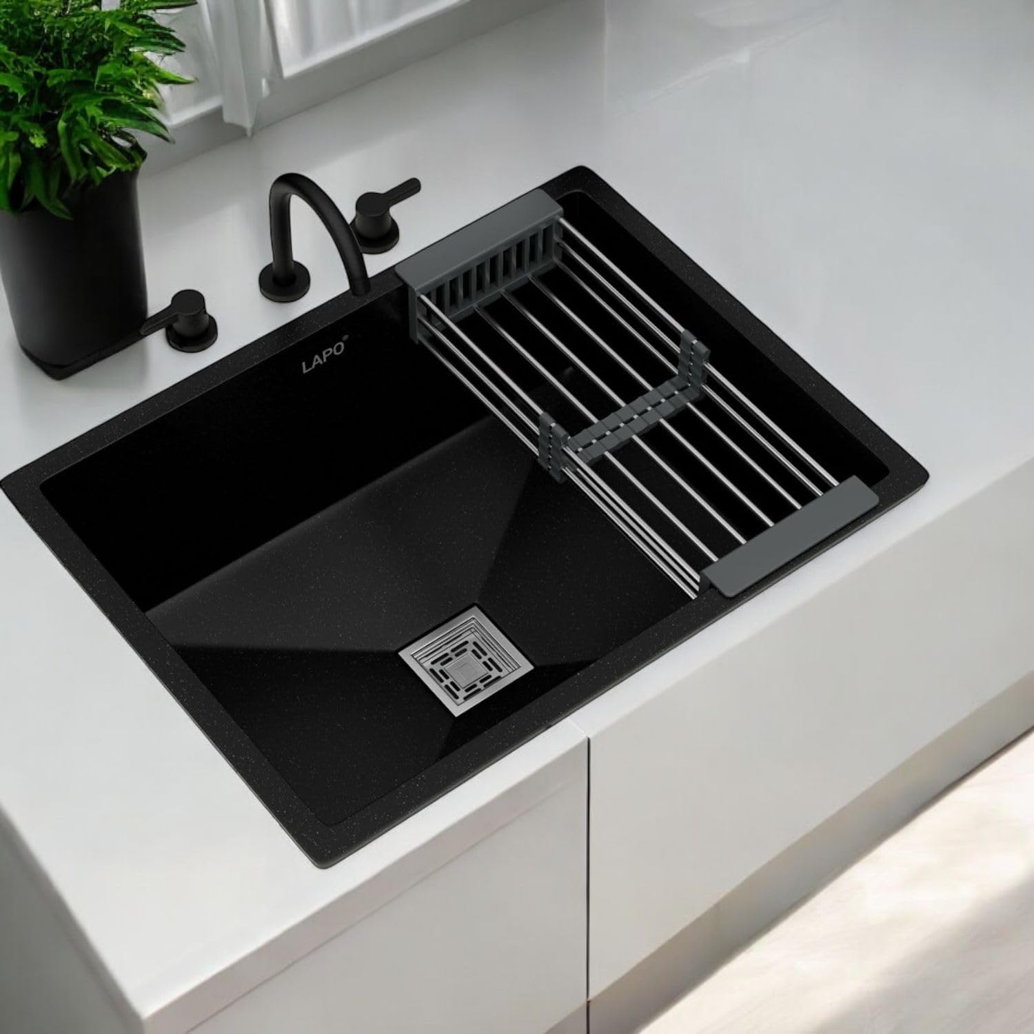LAPO Quartz Kitchen Sink, Single Bowl Kitchen sink, Granite Quartz Kitchen Sink with Sink Coupling, Hose Pipe and Drainer Basket (24×18 Inches, Black Metallic Finish)