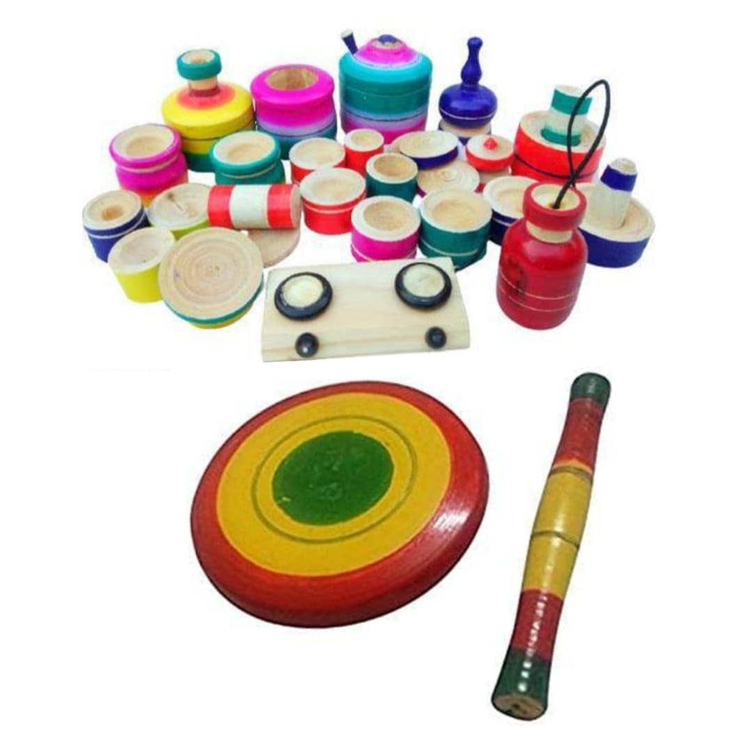 MAMU SHOP Mamushop Chennapattana Wood Eco Friendly Wooden Kids Toy Kitchen Set/Choppu Jaman Made In India Kids Gas Stove With Cylinder Combo-Multi Color