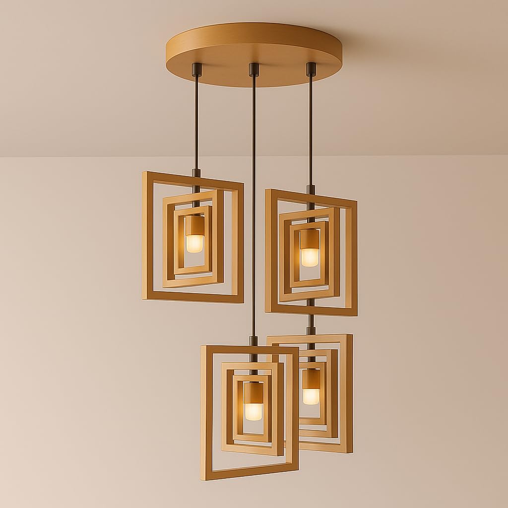 Modern Geometric 4 Light Pendant Hanging, Wooden-Like Shade with Triple Square Frame Design Ideal for Living Room, Drawing Room, Bedrrom, Hall, Passage, Home, Hotel, Bar with Bulbs
