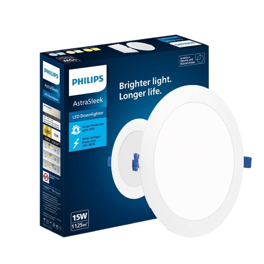 PHILIPS Astra Sleek 15-watt Round LED Downlighter | LED Ceiling Light for Home and Hall | Cut Out: 140 mm, Color: Cool Day Light, Pack of 1-Polycarbonate