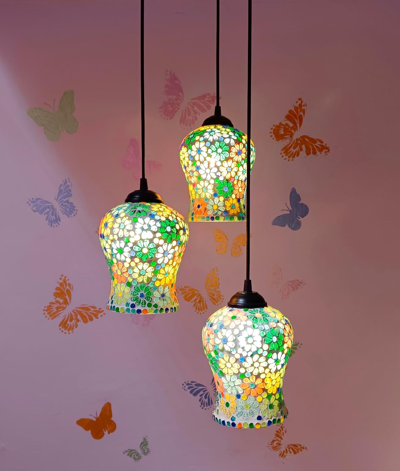 PR Star Classical Hanging Glass Mosaic Multi 3 Light Chandelier Pendants Ceiling Lamp (Multi Flower)