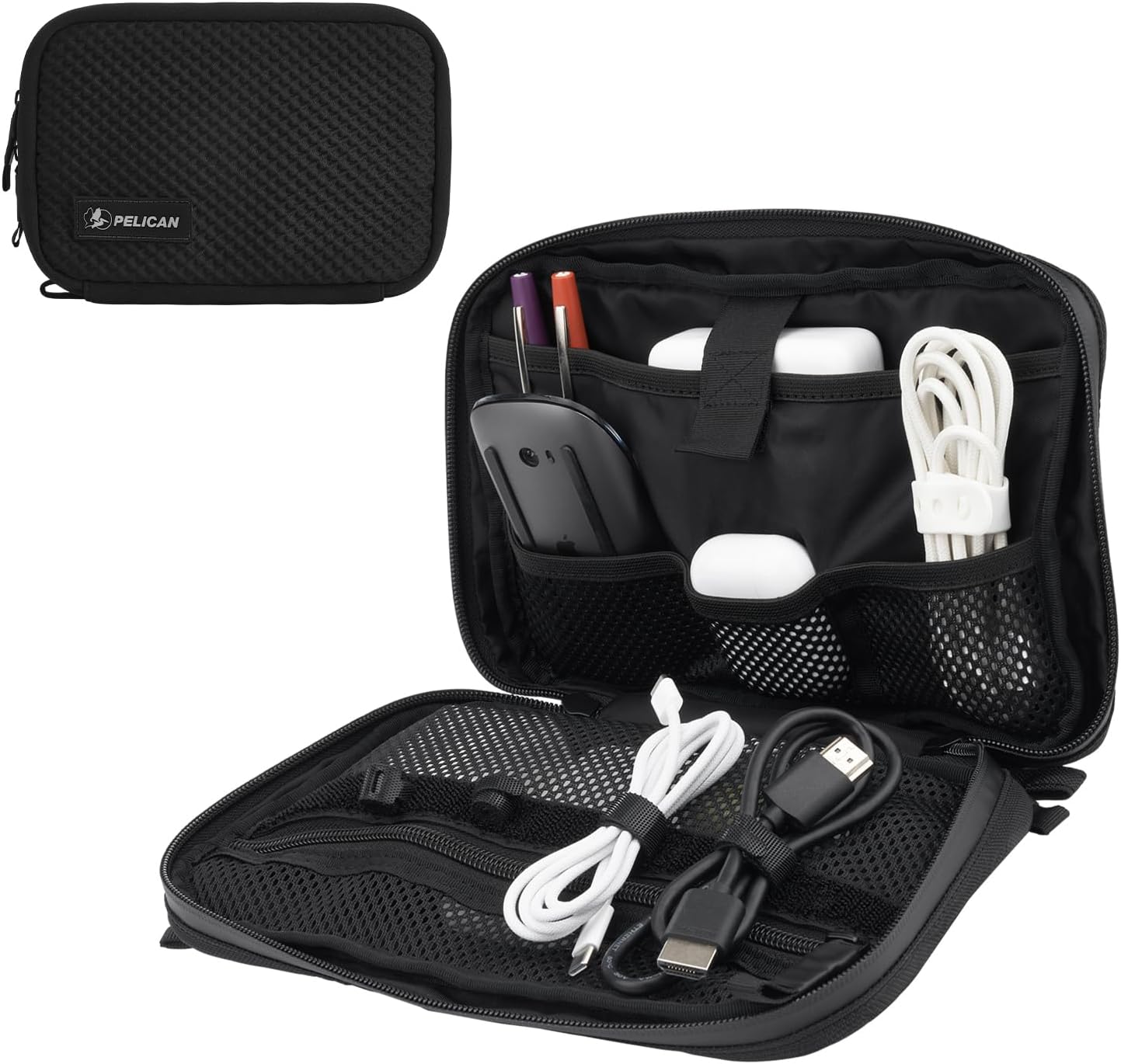 Pelican Electronic Organizer Travel Case – Portable Storage Bag with Multiple Storage Mesh Pockets for Cables, Chargers, Power Bank, AirPods – Cord Organizer and Airplane Travel Essentials Bag – Black