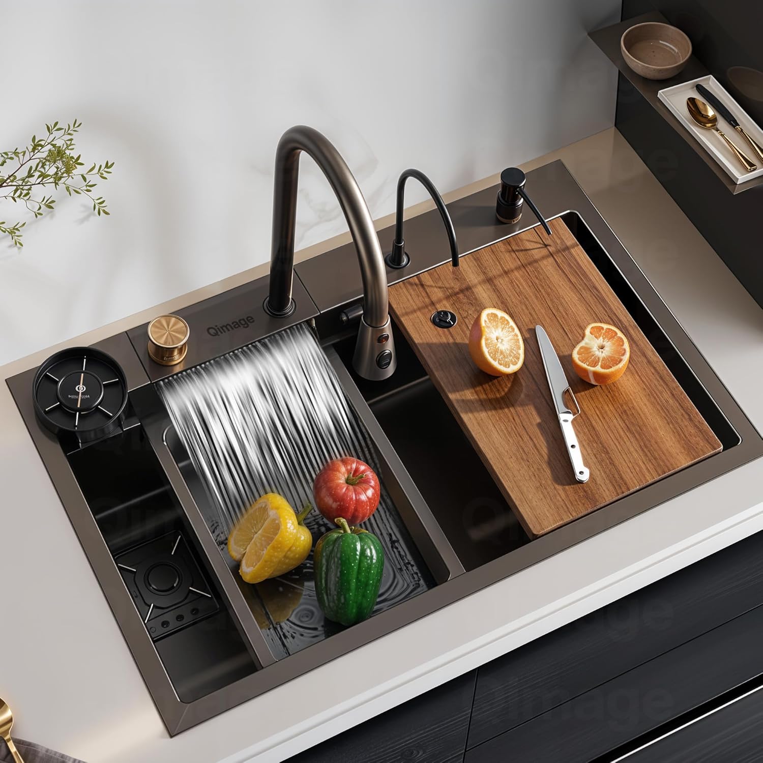 QIMAGE® Kitchen Sink with ANTI SCRATCH HONEYCOMB DESIGN Integrated Waterfall and Pull-down Faucet Set/304 Grade Stainless Steel Sink with Cup washer and Drain Baskets (30x18x9 inch, Nano Coating)