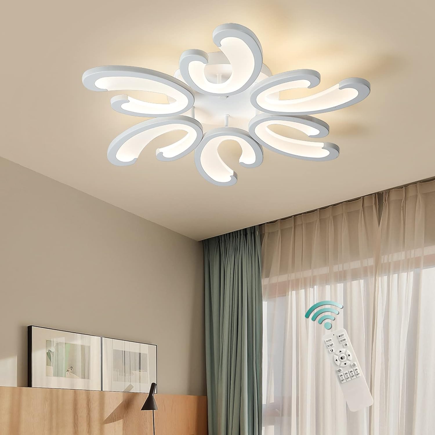 RJ Acrylic -70W Modern 6 Heads Ceiling Light With Dimmable Remote Control Cool White,Warm White,White,Flush Mount Lighting Fixture For Living Room Children Bedroom Dining Room (2 Years Warranty)