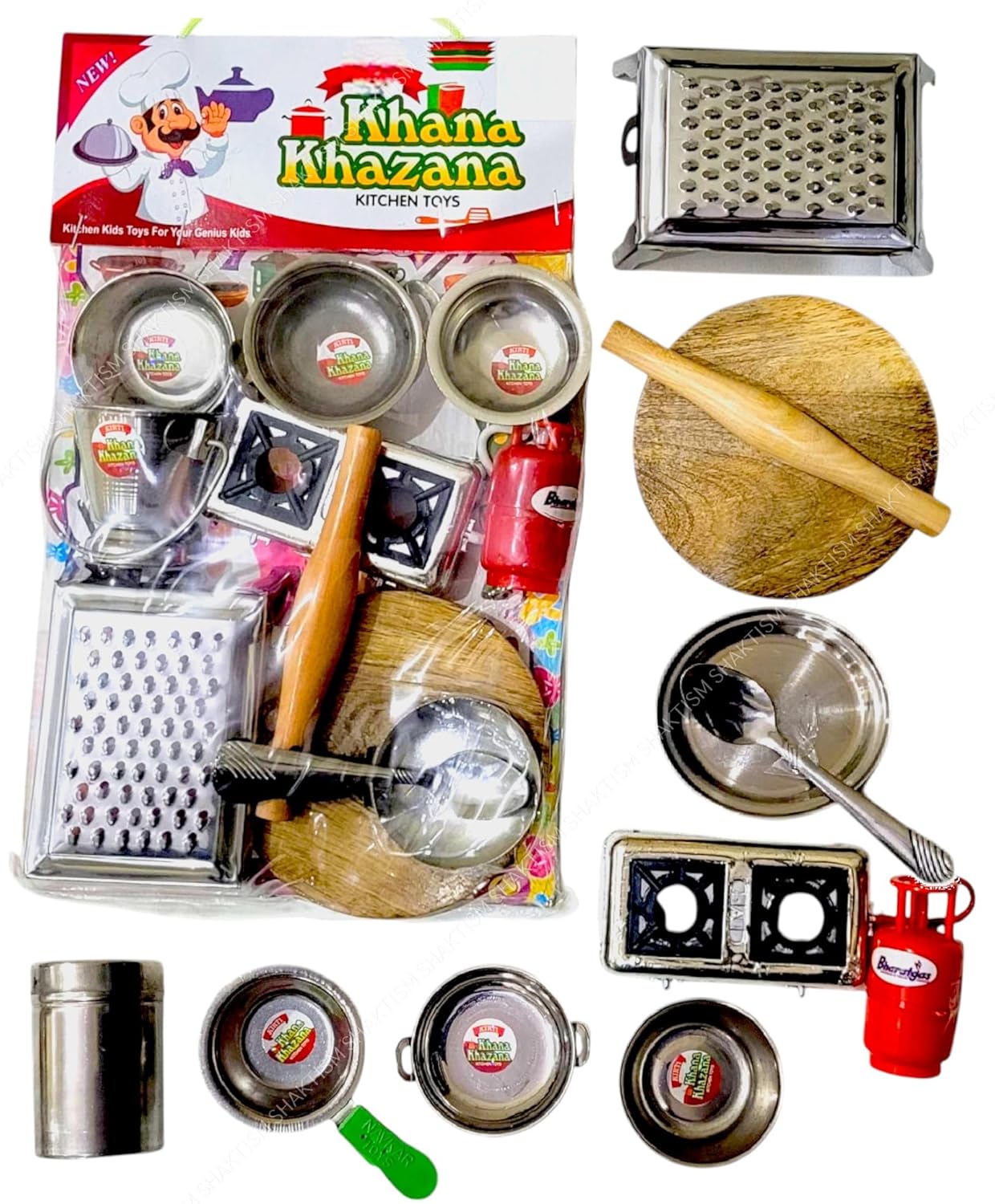 SHAKTISM Steel Kitchen Set Toys for Kids, Role Playing Kitchen Set of Stainless Steel with Wooden Chakla Belan Set, Master Chef Role Playing Kitchen Set Master Chef for Kids (Kitchen Set No-Zero)