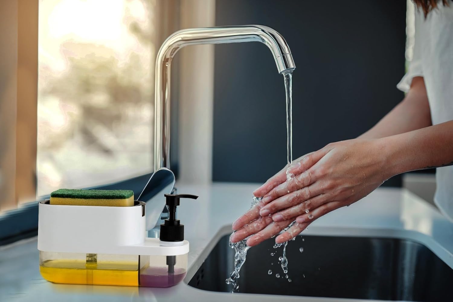 SR Plastic 3 in 1 Soap Pump Dispenser Dish Soap Liquid Dispenser Sponge Holder Dish Soap Pump Dispenser for Kitchen Sink Countertop Kitchen Bathroom (Multi-Color)