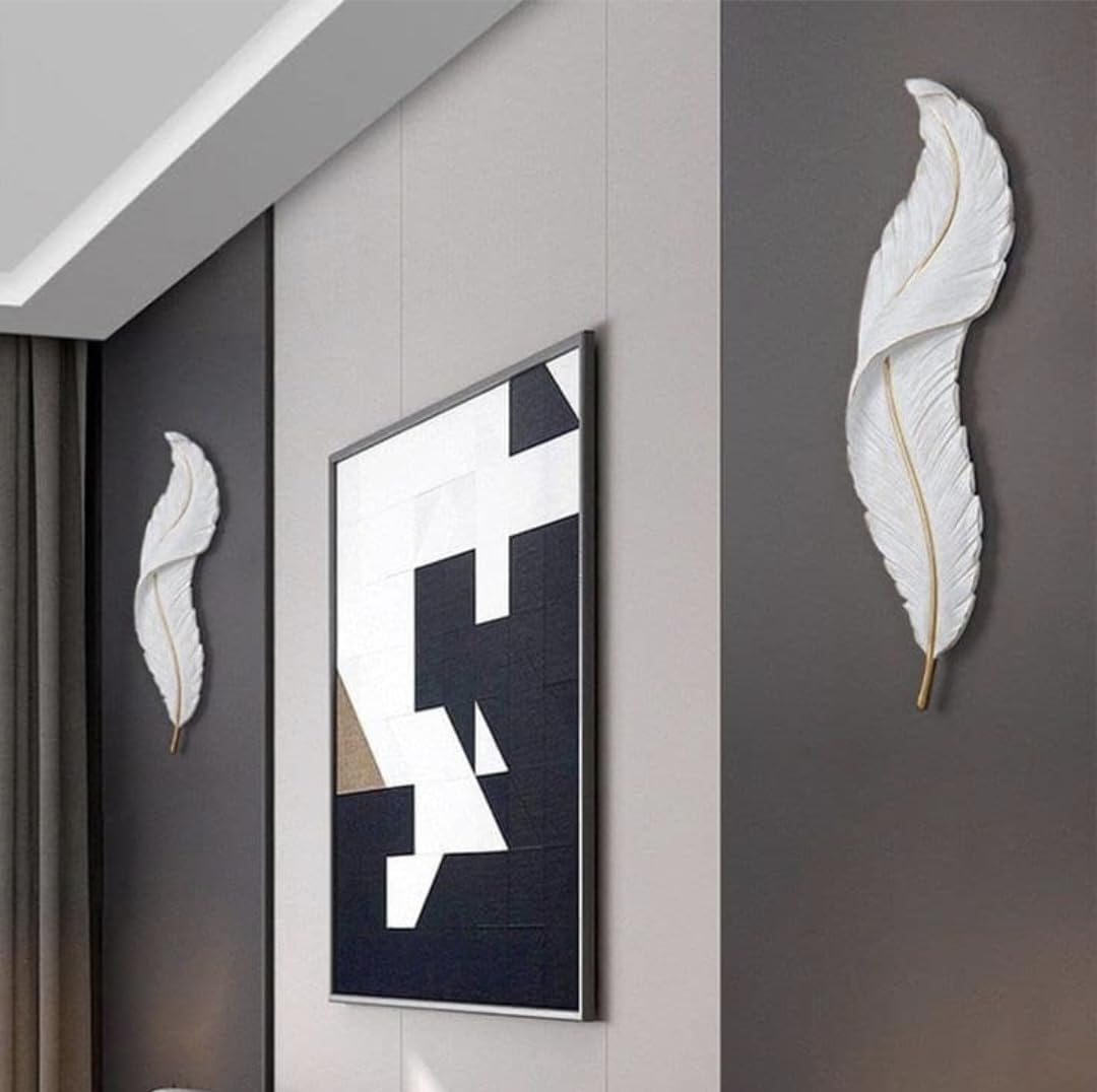 TOUCH WOOD HANDICRAFT Led Lamp, Wall Mounted Feather LED Sconce Lamp, Feather Design Indoor Light lamp, Decorative Wall Lamp, Home Decoration Resin Lamps, White Color, 36×10 Inch