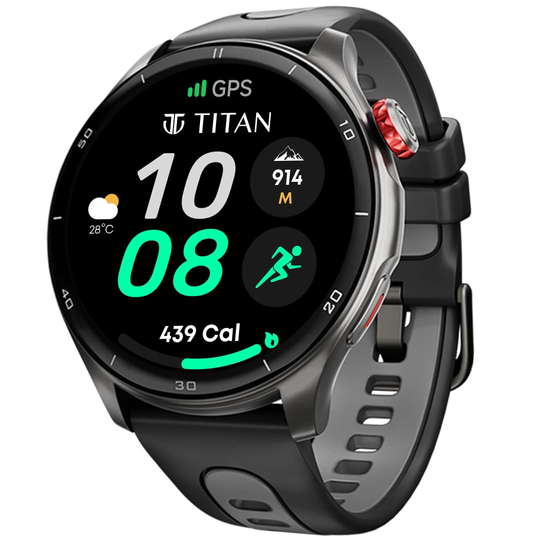 Titan Celestor 1.43″ AMOLED Smart Watch with Built-in GPS, Advanced Health Intelligence, AI Voice Assistant, Aluminium Case, 100+ Sports Modes, Water Resistance – Smartwatch for Men & Women (Black)