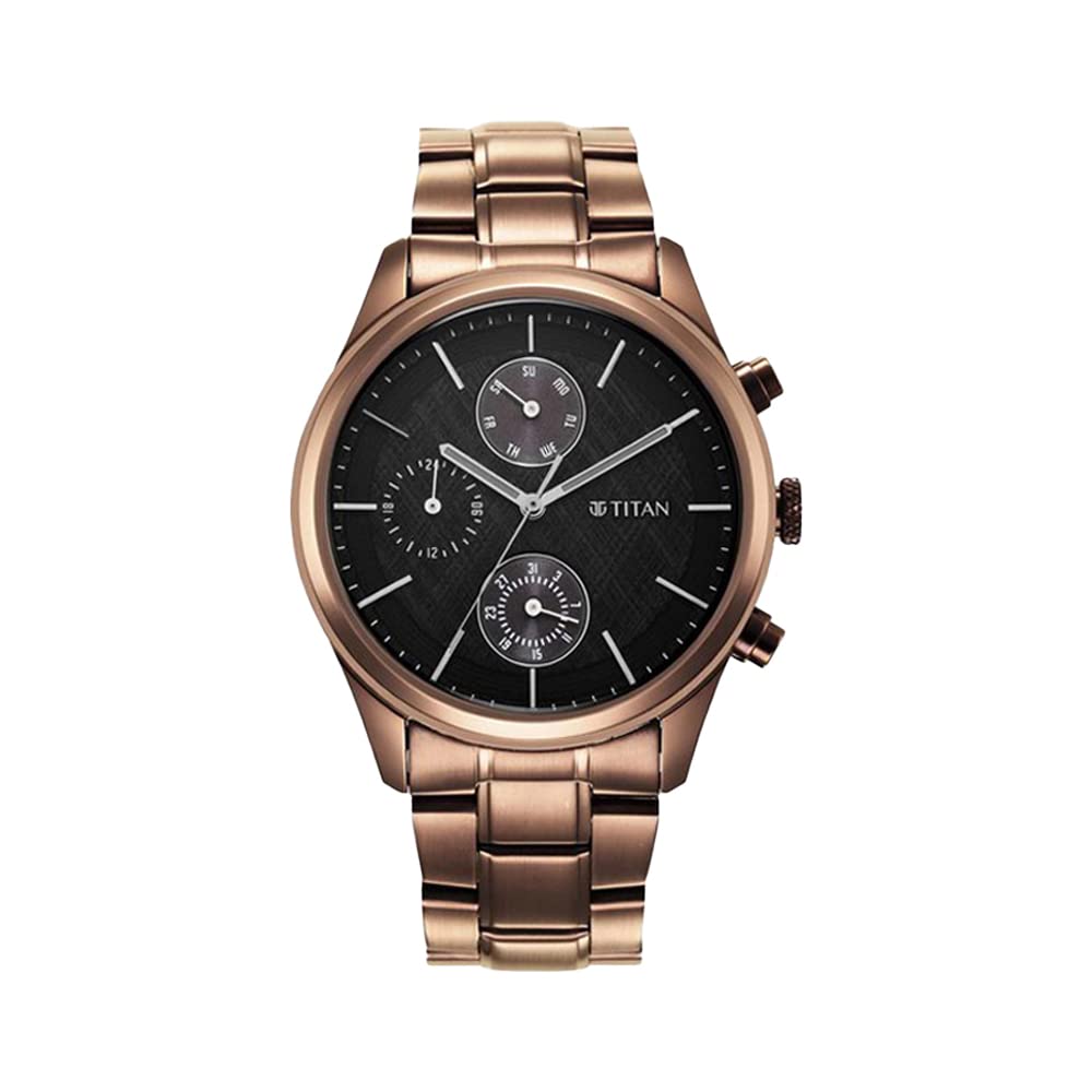 Titan Neo Splash Quartz Multifunction Black Dial Metallic Brown Stainless Steel Strap Watch for Men – NT1805QM04
