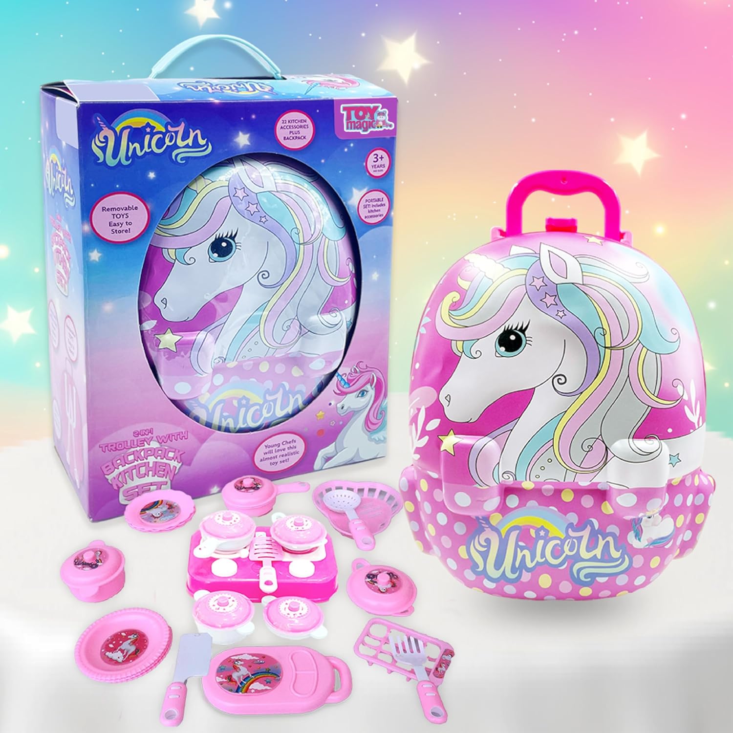 ToyMagic Unicorn Kitchen Set For Kids With 22 Accessories & Backpack| BO Pretend Play Cooking Toy For 3+ Old Girls |Making It Easy To Carry The Entire Set On The Go|Perfect For Playdates, Travel, Pink