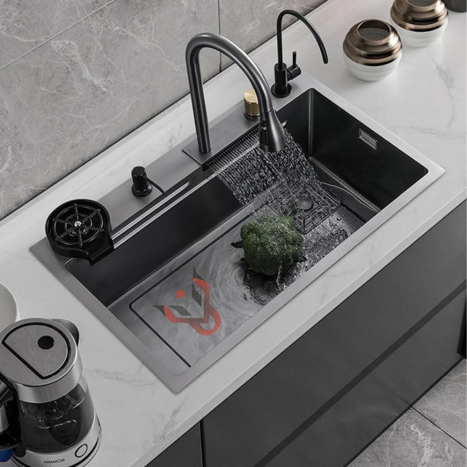 UMAVANSHI Kitchen Sink 304 Grade Anti Scratch Design With Integrated Waterfall And Pull-down Faucet Set and All Accessories All In One Stainless Steel Sink For Kitchen (All In One (30X18X9))