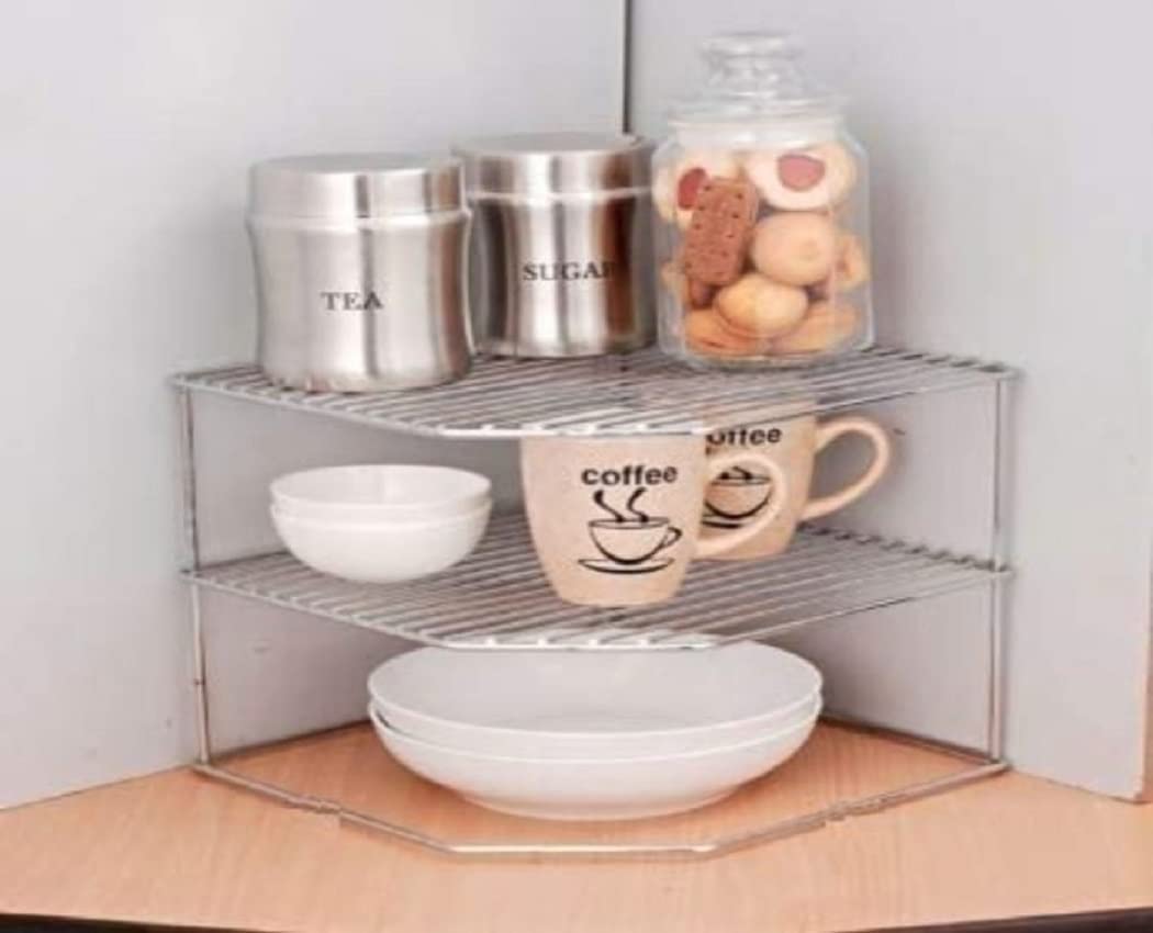Zepdos Steel 2-Tiered Shelf Kitchen Under Cabinet Corner Rack, Corner Rack For Kitchen, Self Rack, Kitchen Plate Dish Rack, Kitchen Storage Rack, Counter Top Organizer (3-Tier Kitchen Corner Rack)