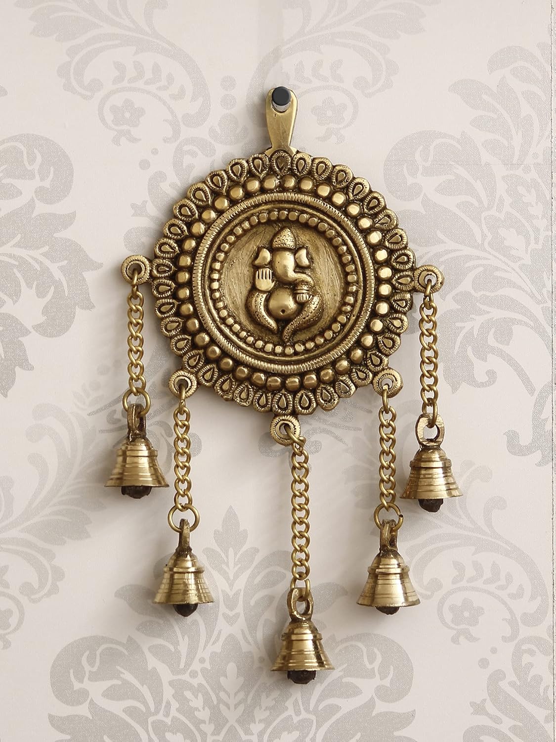 eCraftIndia Golden Brass Decorative Ganesha Wall Hanging Art with 5 Bells | Lord Ganesha Statue Decorative Showpiece for Wall Decor | Diwali Decoration Items for Home Decor | Housewarming Diwali Gift