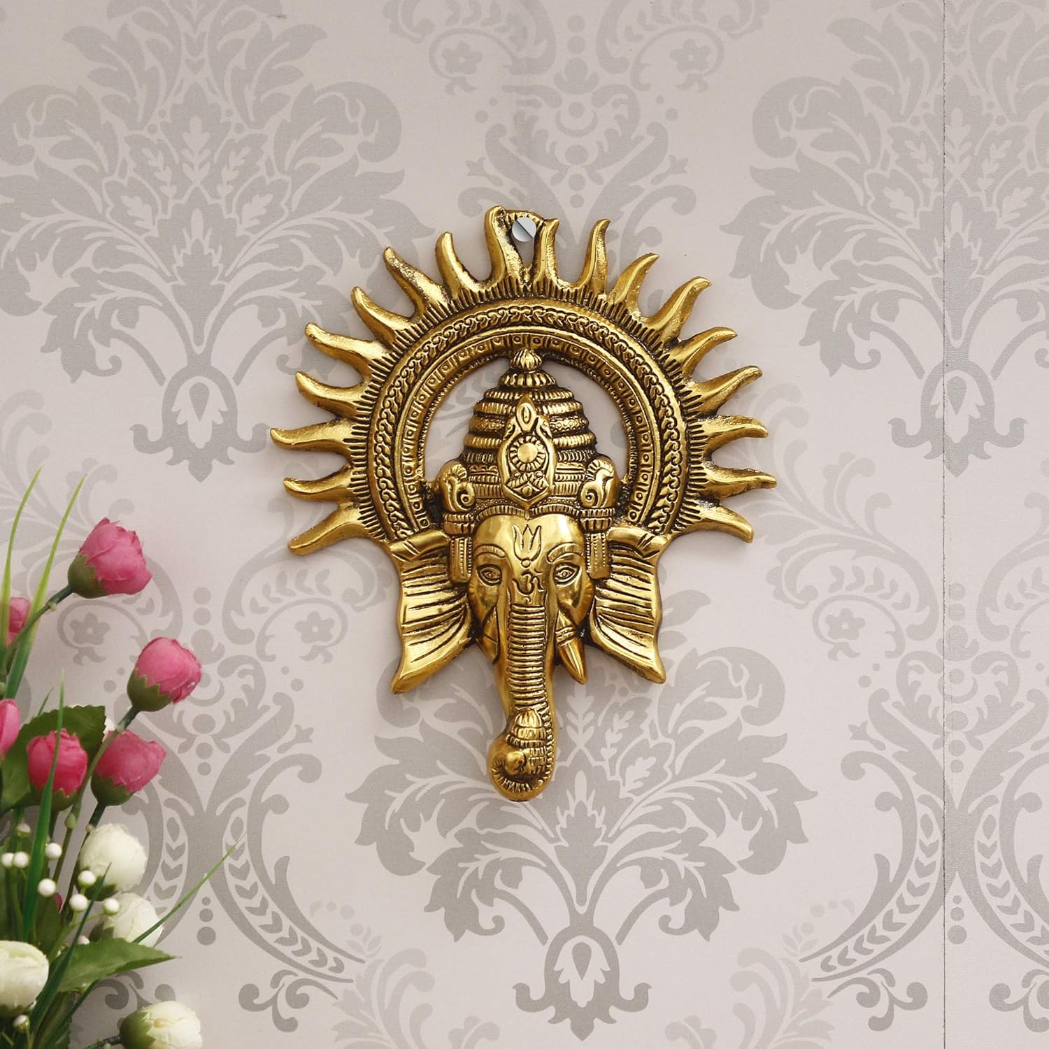 eCraftIndia Golden Metal Sun Decorative Ganesha Wall Hanging | Lord Ganesha Statue Wall Art- Decorative Showpiece for Wall Decor | Diwali Decoration Items for Home Decor- Gift for Diwali Housewarming