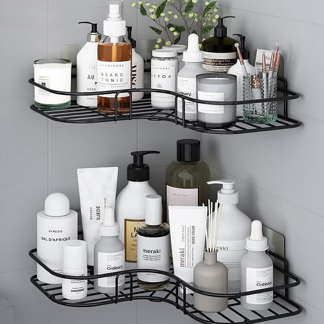 iSTAR ( Pack of 2 Wall Mounted L-Shape Adhesive Corner Shelf with Magic Stickers,Multipurpose Bathroom Storage Organizer for Shower, Kitchen, Washroom, Home, Office and Hotel Use Black(8 and 9 INCH)