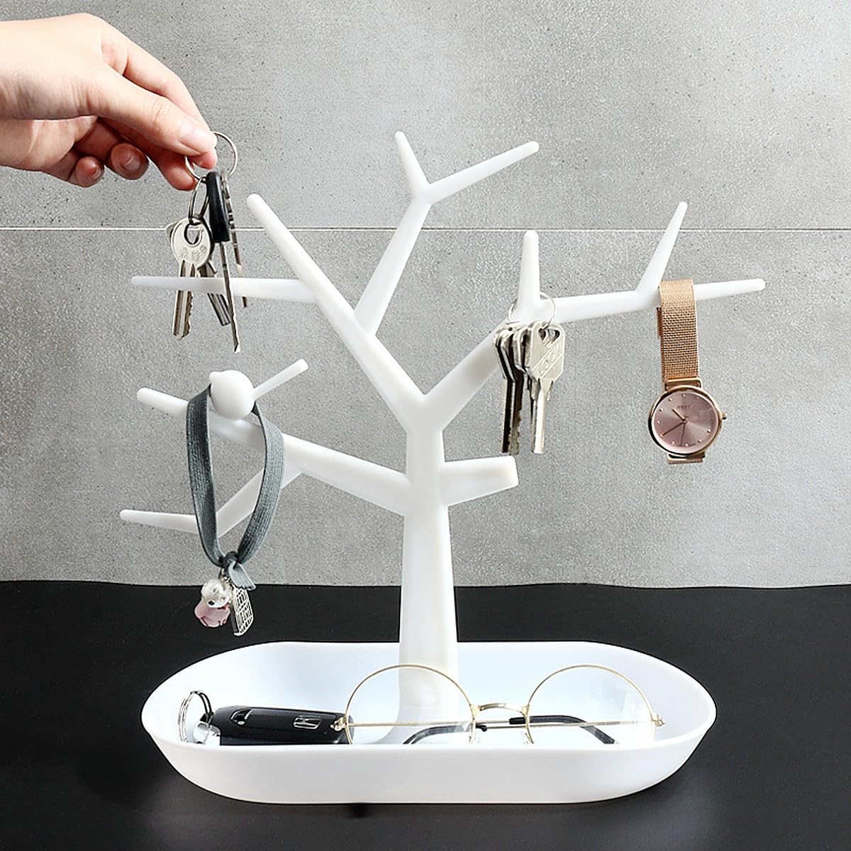 wolpin Plastic Tree Key Holders With Tray For Dressing Table Home Decor Hallway Multiple Key Hanger,Watch Holder Decorative Storage Box,White